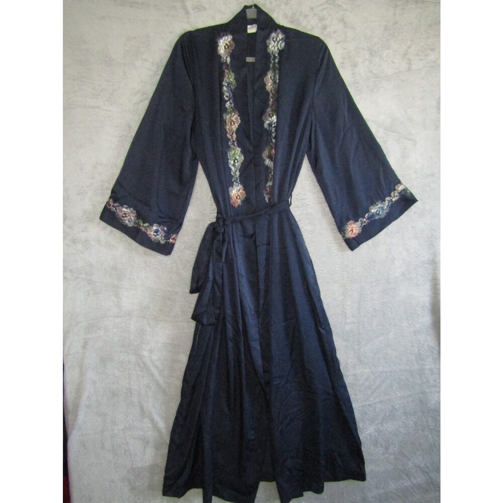 Natori Navy Floral Embroidered Kimono Robe Women's Medium Belted Satin Loungewea